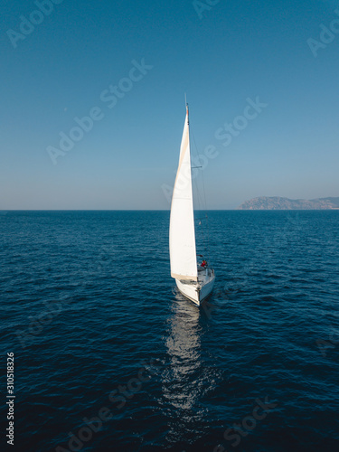 Aerial view of sailing in the open sea in Turkey