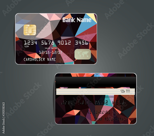 Vector illustration of detailed glossy credit card with design polygon isolated on background.