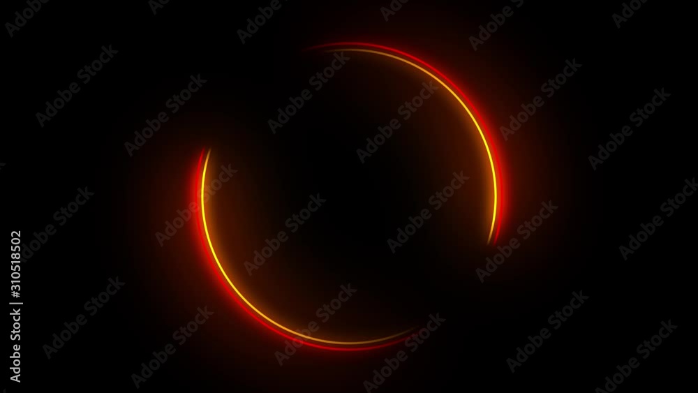 Round circle with red and yellow neon light. Abstract looped 360 degrees spinning strokes on black background Round circle with red and yellow neon light. Abstract looped 360 degrees spinning strokes on black background