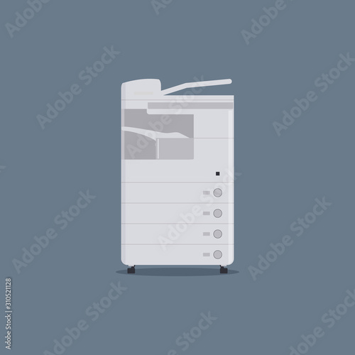 Multifunctional device for office or bank.Printer,scanner,copier isolated on blue background.Printing and copying device providing excellent print quality.Vector illustration