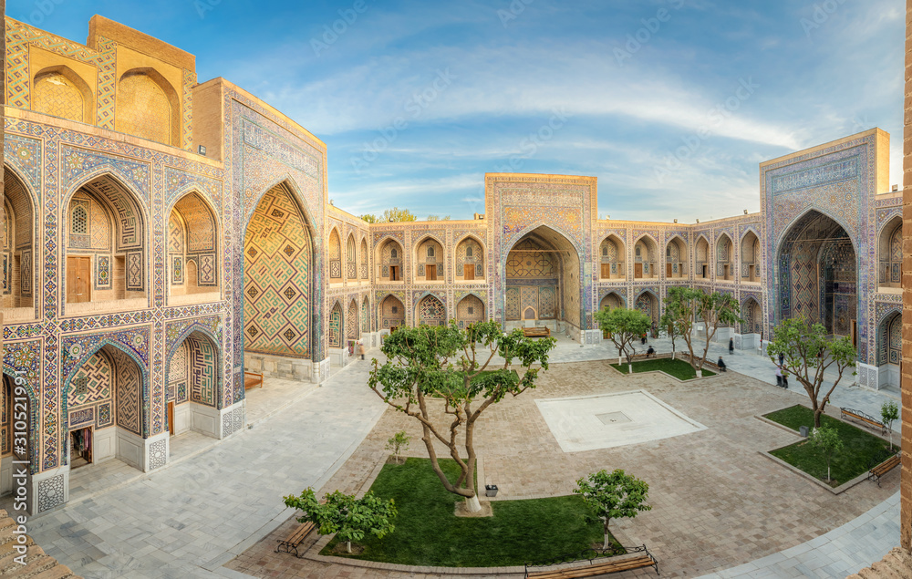 Panoramic view of Ulugh Beg Madrasah, Samarkand, Uzbekistan