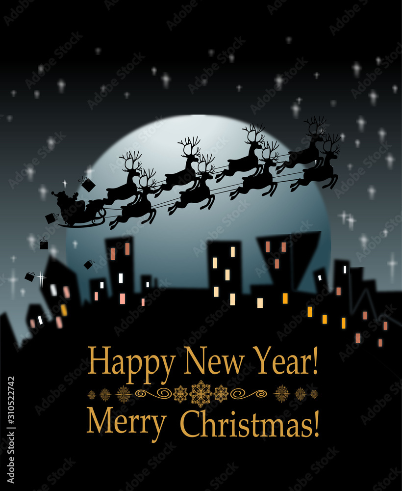 Winter city silhouette. Santa sleigh over urban skyline, moon and sky. Christmas and new year, winter urban cityscape vector illustration