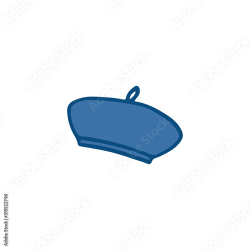 Doodle, hand drawn beret hat flat vector icon isolated on a white background.Beret in the blue color of 2020.