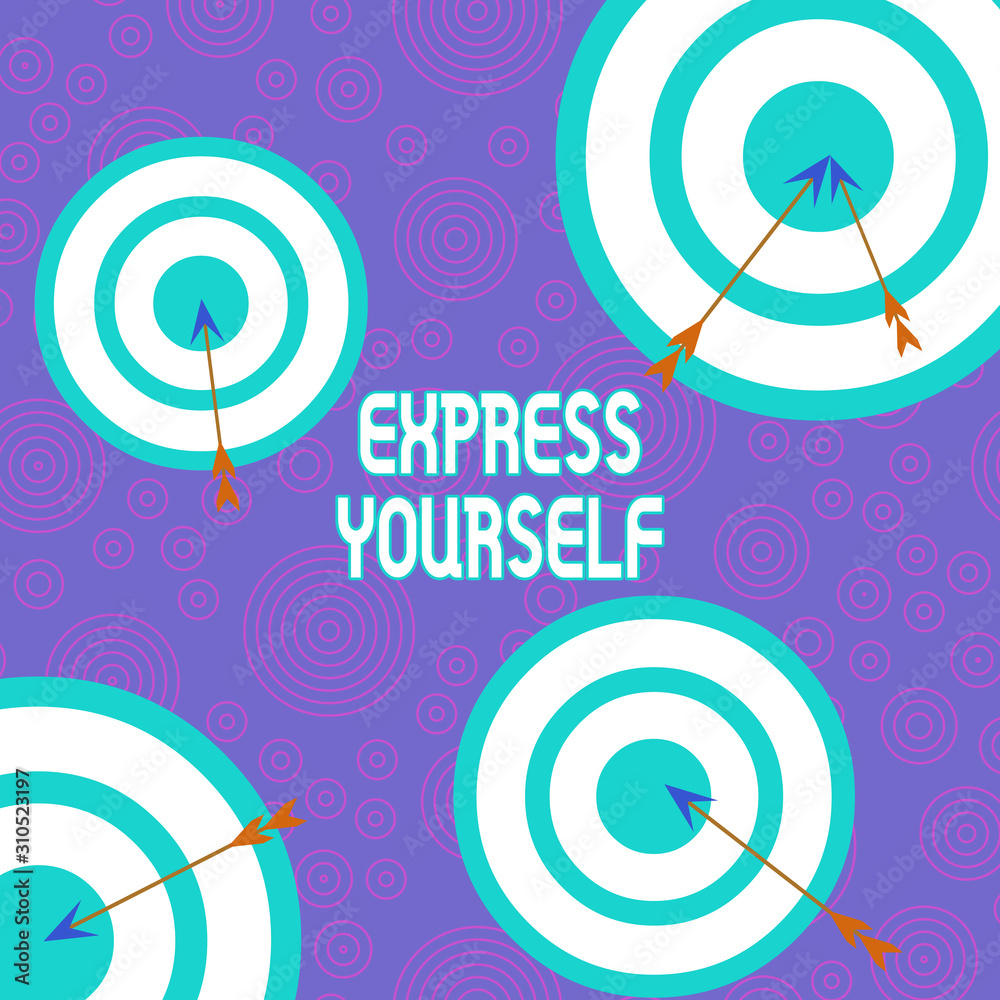 Conceptual hand writing showing Express Yourself. Concept meaning to  communicate or reveal one s is thoughts or feelings Arrow and round target  asymmetrical shape multicolour design Stock Illustration | Adobe Stock