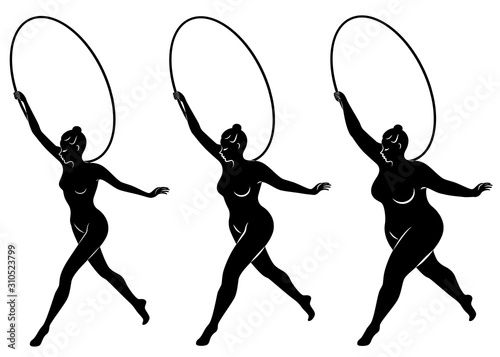 Collection. Silhouette of a cute lady, she is engaged in rhythmic gymnastics with a hoop. The woman is overweight and a slender girl athlete. Vector illustration set