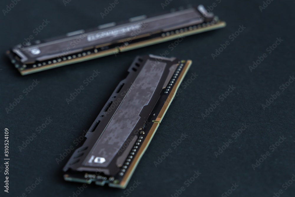 Two memory modules. Fast DDR4 RAM. Gamer DRAM sticks. PC gaming components.  Stock Photo | Adobe Stock
