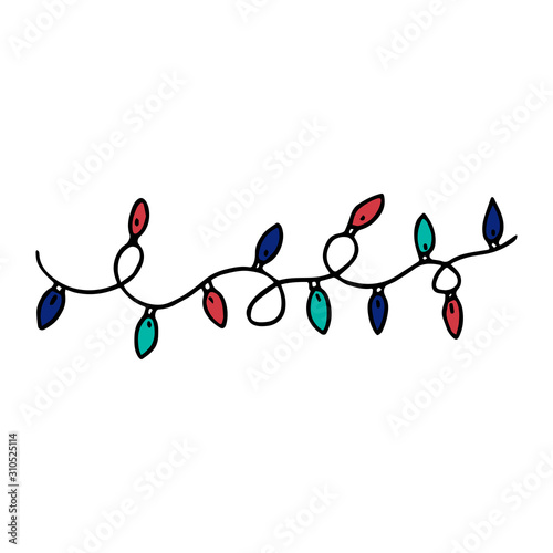 Doodle style,hand drawn Christmas string lights isolated on a white background.Fairy lights doodle icon.