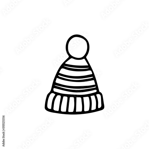 Doodle, hand drawn pom pom hat,beanie,winter hat icon isolated on a white background.