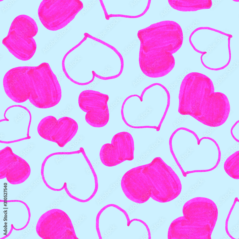 pink and blue hearts seamless pattern. Hand drawn graphic doodles.  Children’s drawing. Valentine’s day.  Love and romance. For textile and wrapping paper