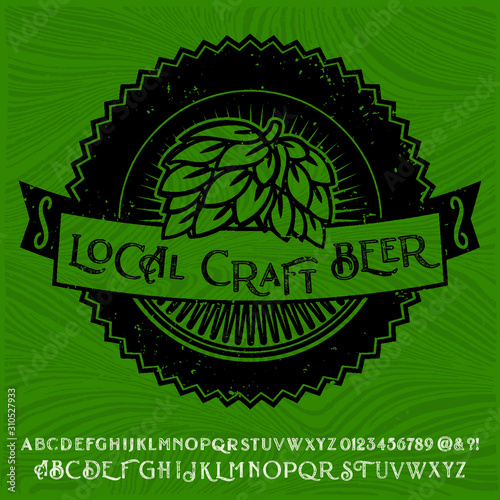 " beer " typeface. Vector hand crafted font in medieval style with hops. Good for posters, alcohol label and festival invitation.Letters and numbers.Vector illustration.