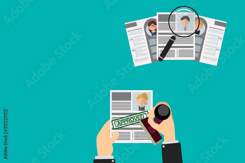Office Recruiter Recruits Desk Resume Candidates for Vacancy. curriculum vitae approved for office worker. review of other candidates through magnifying glass