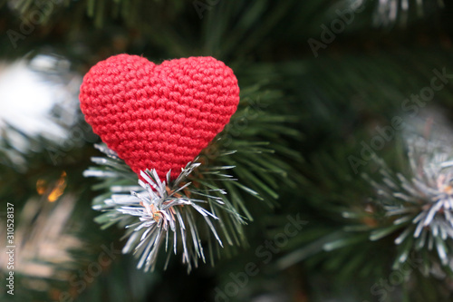 Christmas heart  Valentine s day card  red knitted symbol of love on fir branches. Background for romance  New Year celebration or winter weather 