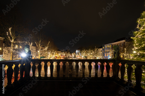 View from the historic monument 'waag' over the illuminated city center of Deventer, Overijssel