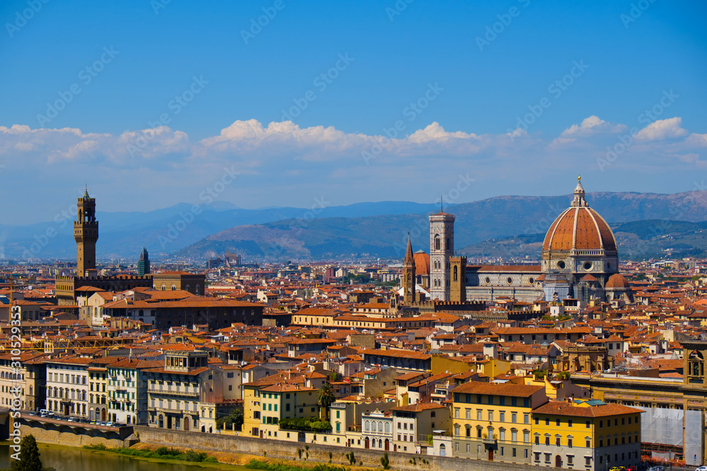 Beautiful landscape view of amazing Florence city with Cathedral Duomo Santa Maria del Fiori and bridges over the river Arno at sunset. Firenze scenery panorama, Italy Europe. Italian summer vacation.