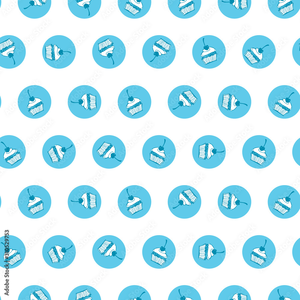 Vector white polka dot circles seamless pattern with small cupcakes. Perfect for fabric, scrapbooking and wallpaper projects. Vector white polka dot circles seamless pattern with small cupcakes. Perfect for fabric, scrapbooking and wallpaper projects.