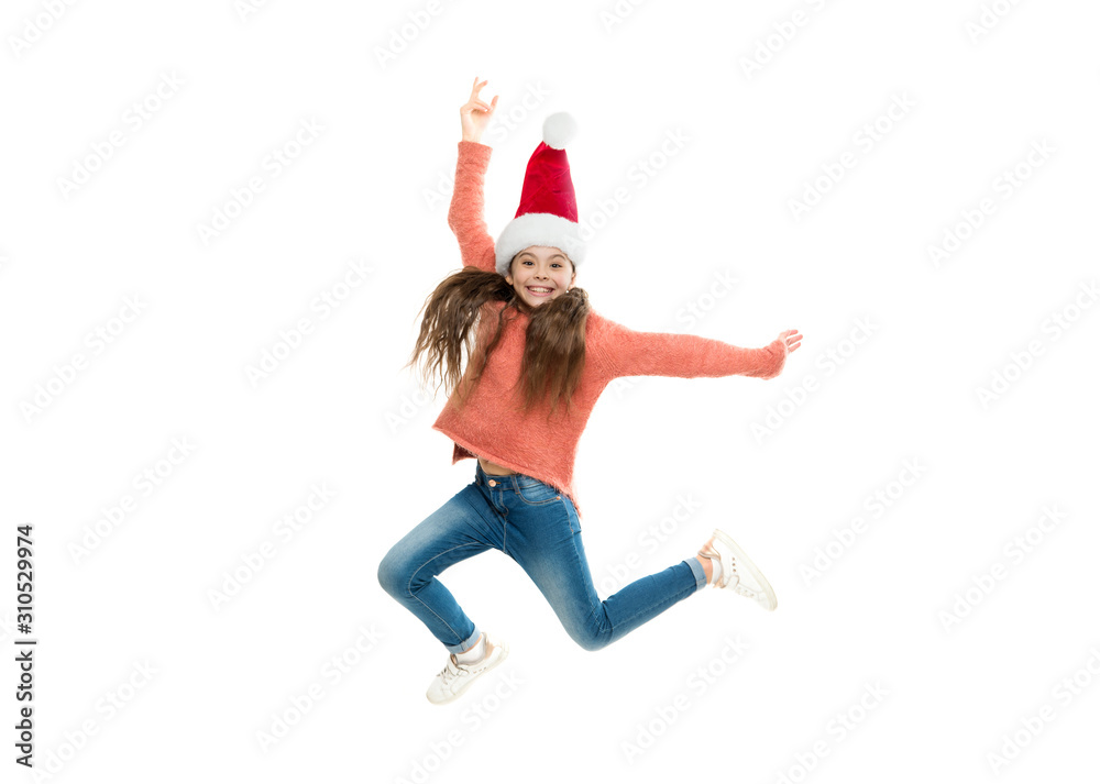 Dance all night. Adorable smiling cute baby waiting for Santa. Celebration concept. Respect traditions. Winter spirit. New year party. Santa claus kid. Little child santa hat. Happy winter holidays