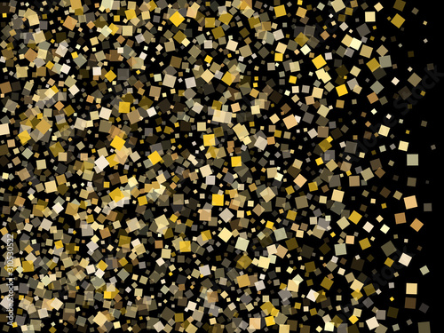 Glossy gold confetti sequins tinsels flying on black. Luxurious Christmas vector sequins background. Gold foil confetti party particles isolated. Overlay pieces invitation backdrop.