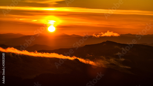 Awesone sunrise in the mountains. Bieszczady  the part of Carpathian Mountains. Poland.