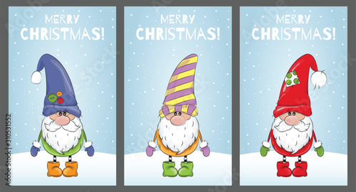 Set of greeting Christmas card with cute cartoon gnomes. Merry Christmass, Happy new Year, Happy Holidays.
