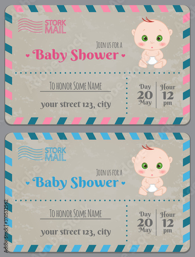 Set of baby shower invitation card babies boy and girl. Baby frame with boy/girl and stickers on light background