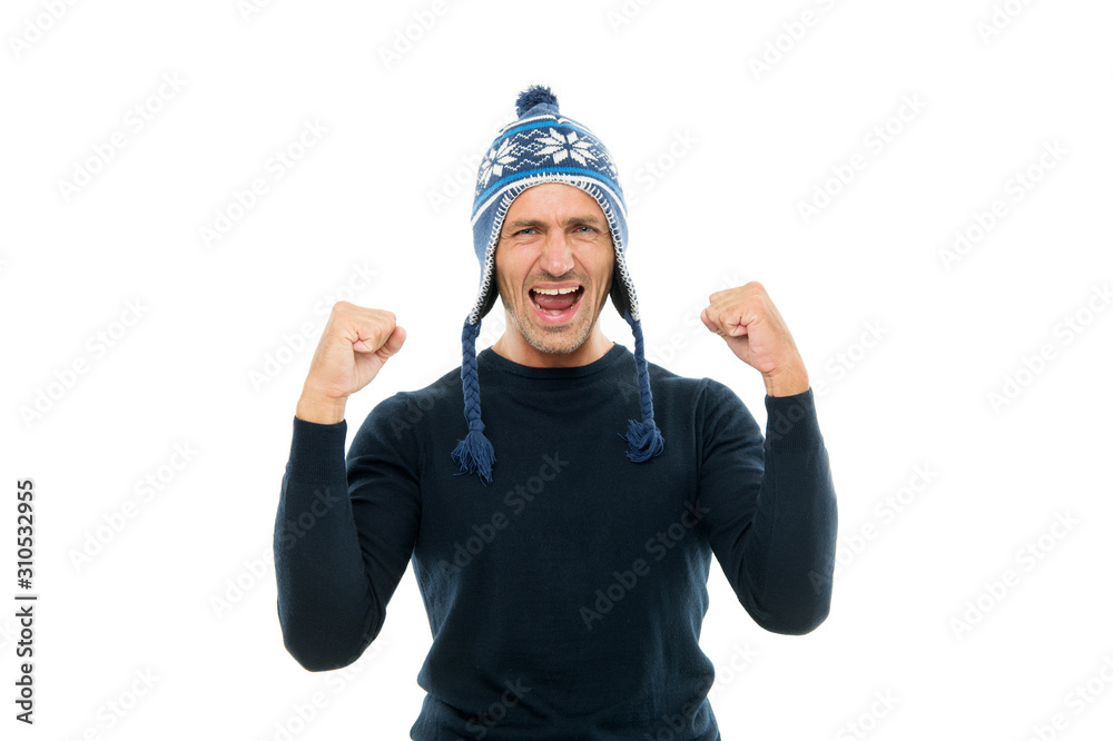 Best wishes. Guy wear winter hat. Merry christmas and happy new year. Winter vacation. Mature man in hat face bristle. Positive emotions. Handsome man celebrate winter holidays white background Best wishes. Guy wear winter hat. Merry christmas and happy new year. Winter vacation. Mature man in hat face bristle. Positive emotions. Handsome man celebrate winter holidays white background