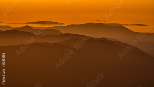 Awesone sunrise in the mountains. Bieszczady, the part of Carpathian Mountains. Poland.