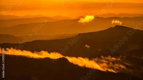 Fototapeta Naklejka Na Ścianę i Meble -  Awesone sunrise in the mountains. Bieszczady, the part of Carpathian Mountains. Poland.