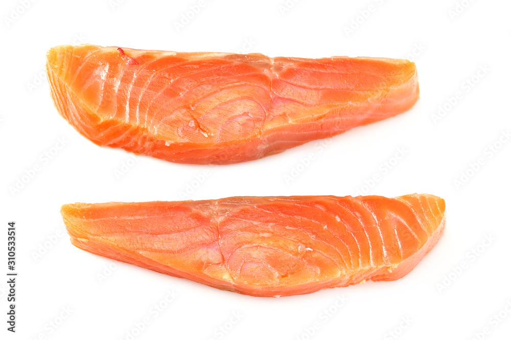 Red fish. Raw salmon fillet isolate on white background. Top view Red fish. Raw salmon fillet isolate on white background. Top view