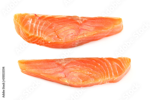 Red fish. Raw salmon fillet isolate on white background. Top view