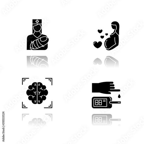 Medical procedure drop shadow black glyph icons set. Pediatrics and pregnancy care. Brain scan. Blood test. Healthcare. Motherhood. Nurse with baby. Neuroimaging, MRI. Isolated vector illustrations