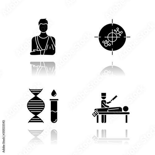 Medical procedure drop shadow black glyph icons set. Orthopedic cast. Fractured bone. Immunotherapy. Genetic test. DNA, molecules. Autopsy diagnosis. Death cause. Isolated vector illustrations