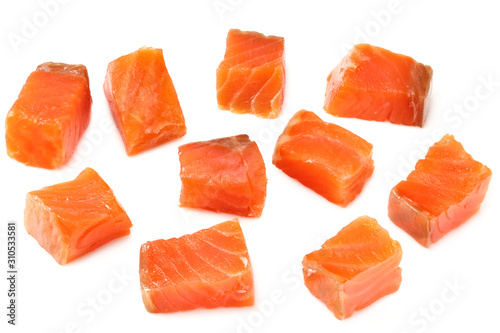 Red fish. Raw salmon fillet isolate on white background. Top view