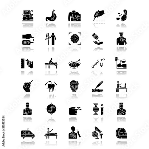 Medical procedure drop shadow black glyph icons set. Surgery. Endoscopy. Health care. Brain scan. First emergency aid. Blood test. Injury. Vision correction. Pediatrics. Isolated vector illustrations