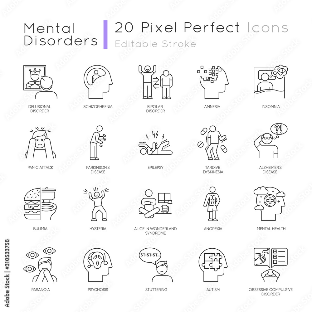 Mental disorder linear icons set. Delusions, schizophrenia. Amnesia. Bipolar disorder. Bulimia, anorexia. Autism. Thin line contour symbols. Isolated vector outline illustrations. Editable stroke Mental disorder linear icons set. Delusions, schizophrenia. Amnesia. Bipolar disorder. Bulimia, anorexia. Autism. Thin line contour symbols. Isolated vector outline illustrations. Editable stroke
