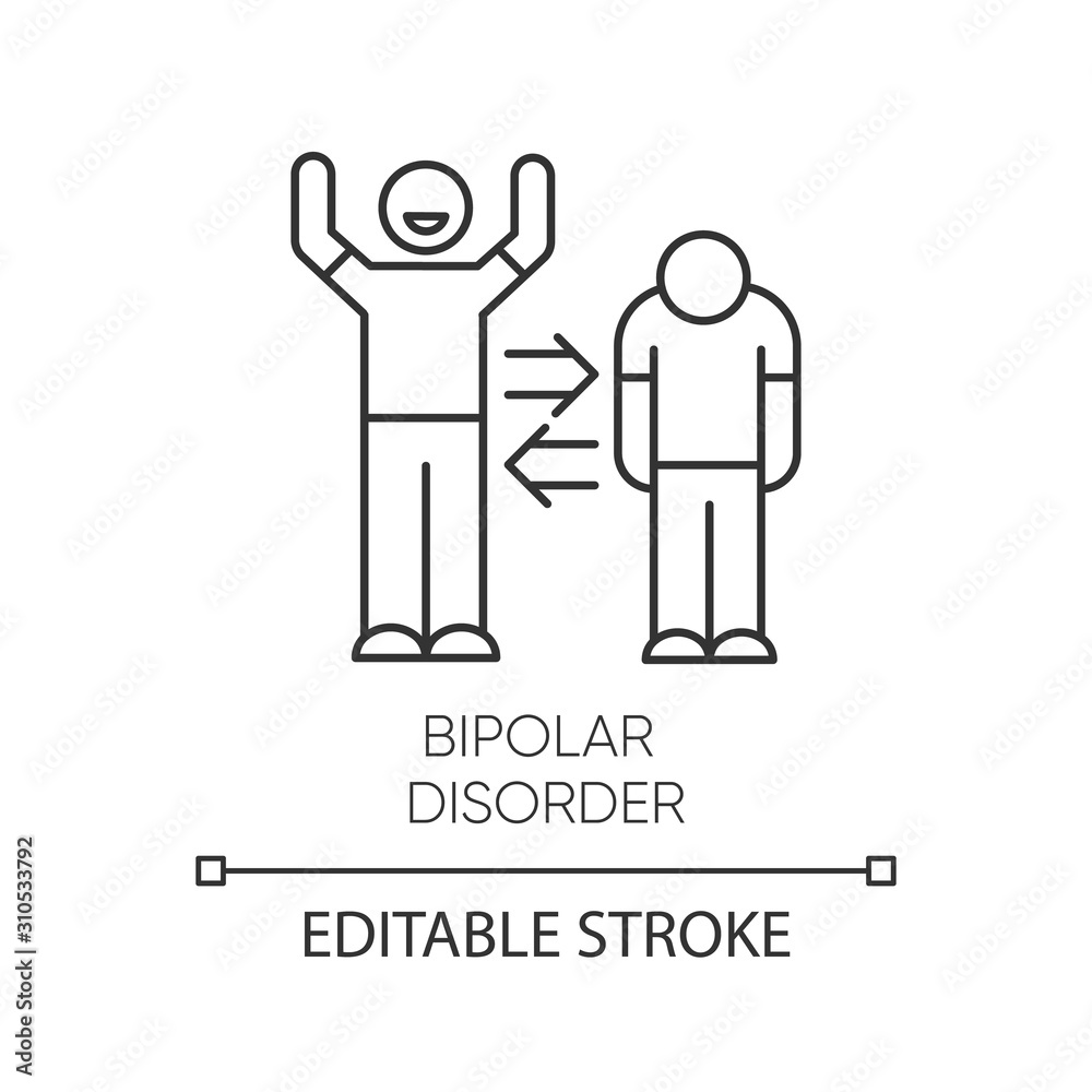 Bipolar disorder linear icon. Manic, depressive episodes. Split personality. Mood change. Mental health issues. Thin line illustration. Contour symbol. Vector isolated outline drawing. Editable stroke Bipolar disorder linear icon. Manic, depressive episodes. Split personality. Mood change. Mental health issues. Thin line illustration. Contour symbol. Vector isolated outline drawing. Editable stroke