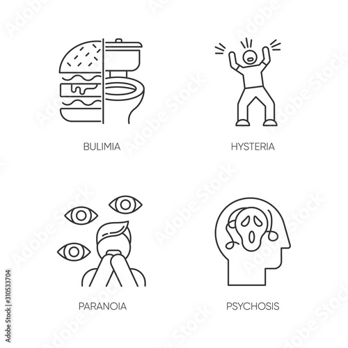 Mental disorder linear icons set. Bulimia. Eating disorder. Hysteria. Panic attack. Anxiety. Paranoia. Psychosis. Thin line contour symbols. Isolated vector outline illustrations. Editable stroke