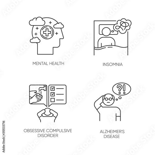 Mental disorder linear icons set. Insomnia and sleep deprivation. Obsessive-compulsive syndrome. Alzheimer's disease. Thin line contour symbols. Isolated vector outline illustrations. Editable stroke