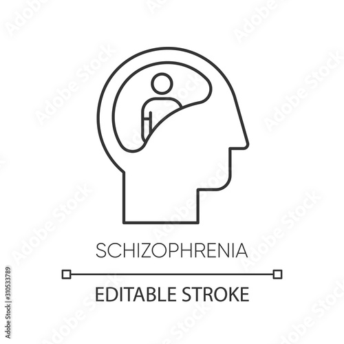 Schizophrenia linear icon. Unclear thinking. Confused mind. Mental disorder. Paranoia. Abnormal behaviour. Thin line illustration. Contour symbol. Vector isolated outline drawing. Editable stroke