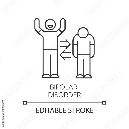 Bipolar disorder linear icon. Manic, depressive episodes. Split personality. Mood change. Mental health issues. Thin line illustration. Contour symbol. Vector isolated outline drawing. Editable stroke