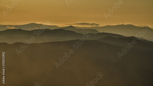 Fototapeta Naklejka Na Ścianę i Meble -  Awesone sunrise in the mountains. Bieszczady, the part of Carpathian Mountains. Poland.