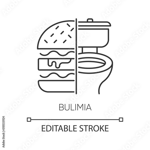 Bulimia linear icon. Eating disorder. Unhealthy hunger. Binge eating from stress. Mental disorder. Thin line illustration. Contour symbol. Vector isolated outline drawing. Editable stroke