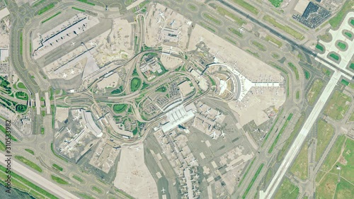Aerial zooming in view of the John F. Kennedy International Airport, JFK, in Queens, New York photo
