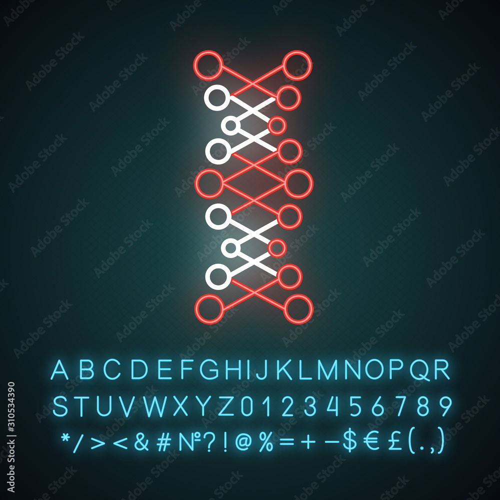 DNA double helix neon light icon. Connected dots, lines. Deoxyribonucleic, nucleic acid. Molecular biology. Genetic code. Glowing sign with alphabet, numbers and symbols. Vector isolated illustration DNA double helix neon light icon. Connected dots, lines. Deoxyribonucleic, nucleic acid. Molecular biology. Genetic code. Glowing sign with alphabet, numbers and symbols. Vector isolated illustration