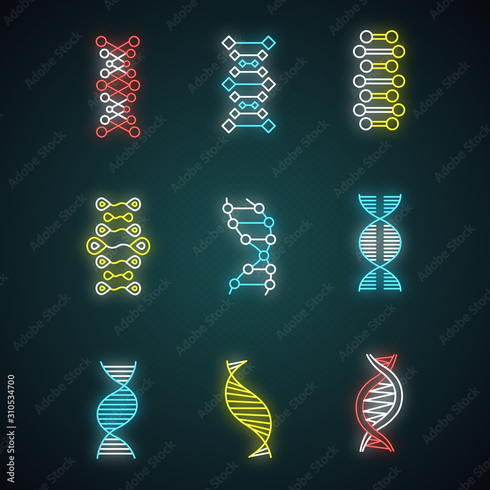 DNA double helix neon light icons set. Deoxyribonucleic, nucleic acid ...