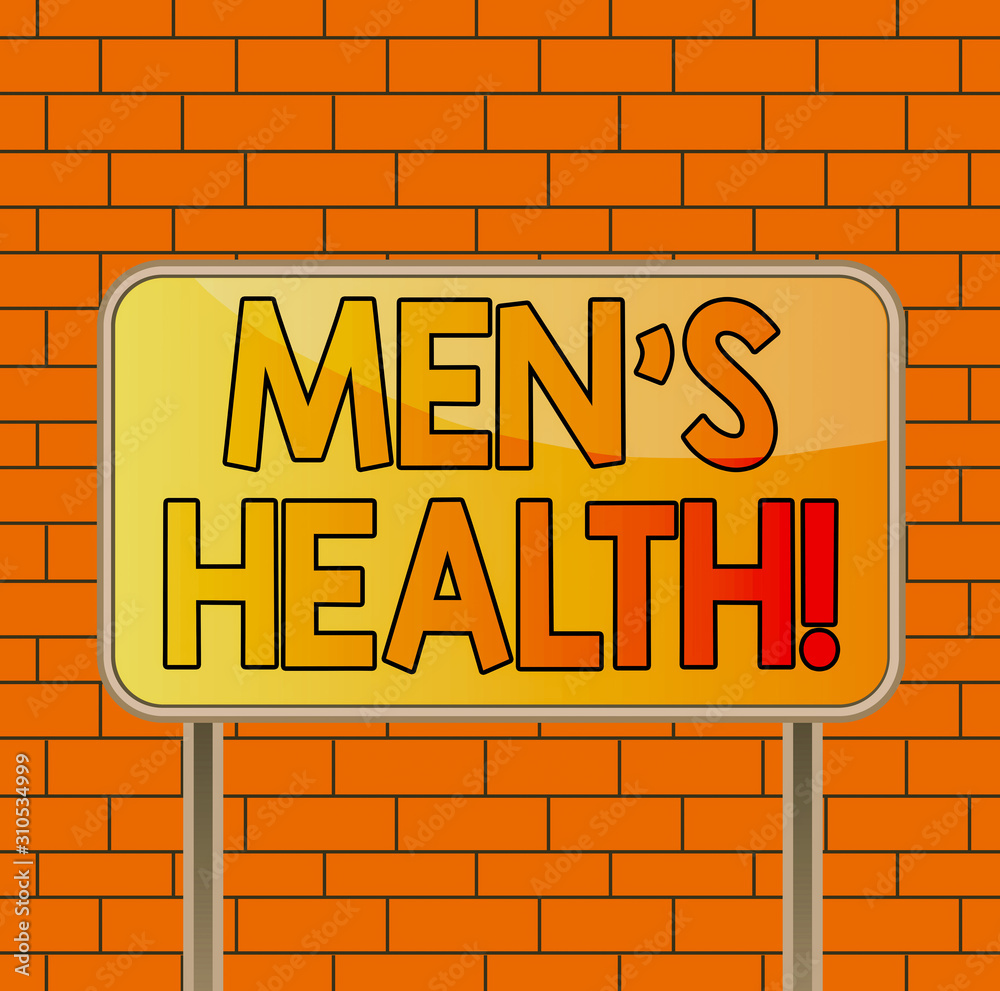 Obraz premium Text sign showing Men S Health. Business photo text state of complete physical mental and social well being by analysis Board ground metallic pole empty panel plank colorful backgound attached