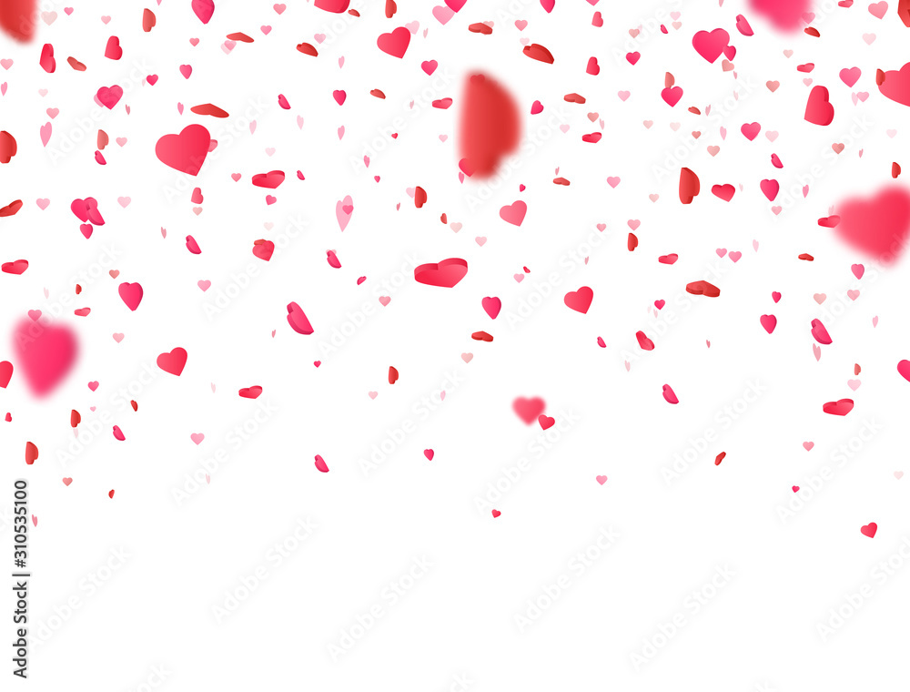 Valentines Day background with 3d pink heart falling on white background. Heart confetti border. Flower petal in shape of heart. Color confetti for greeting cards. Vector illustration Valentines Day background with 3d pink heart falling on white background. Heart confetti border. Flower petal in shape of heart. Color confetti for greeting cards. Vector illustration