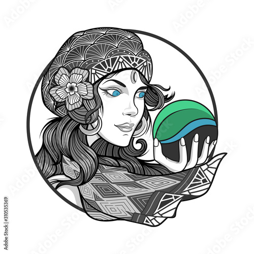 Art deco Gypsy woman with a crystal ball vector
