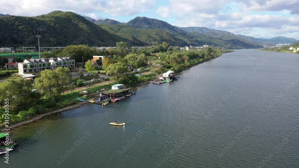 Daeseong-ri, South Korea 3 October 2019: 4K Aerial Drone Footage View of Jet skiing in Han River.. Daeseong-ri, South Korea 3 October 2019: 4K Aerial Drone Footage View of Jet skiing in Han River..