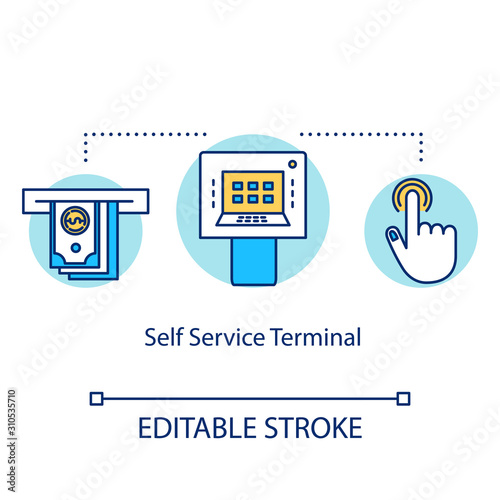 Self Service Terminal concept icon. Payment system idea thin line illustration. Shopping checkout. Electronic transaction. Modern technology. Vector isolated outline drawing. Editable stroke