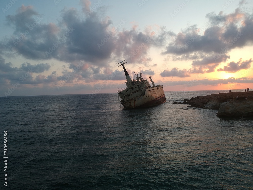 Edro III - Ship after a shipwreck, coast with cliffs at sunset, Cyprus, Mediterranean Sea Edro III - Ship after a shipwreck, coast with cliffs at sunset, Cyprus, Mediterranean Sea